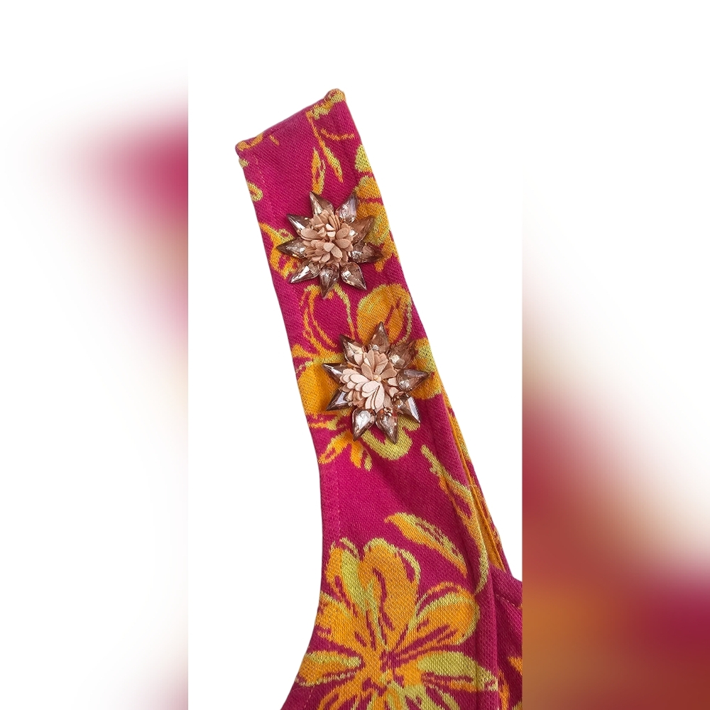 Zara-Jewel Jacquard Floral Pink and Yellow Sleeveless Mini Dress Semi- Open Back - Picture 4 of 9
